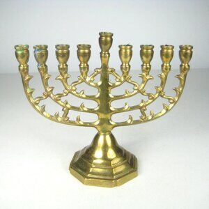 Vintage Brass Menorah 8 Branch Candle Holder Octagonal Jewish Judica Hanukkah